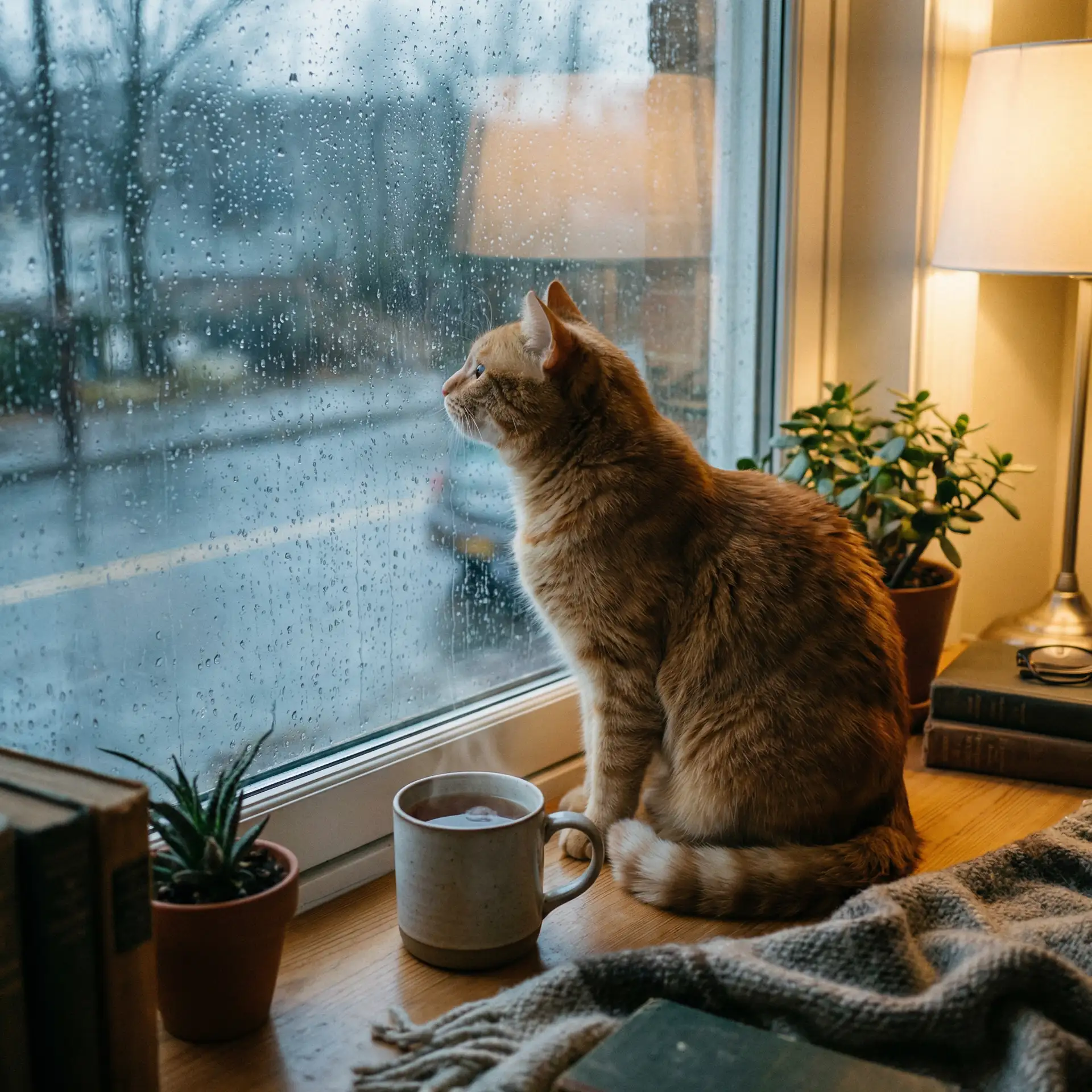 猫咪望着窗外的雨 - 婷婷五